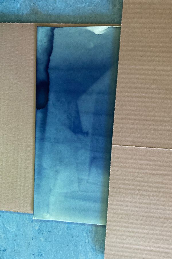 Ein Cyanotypie-Negativ ist halb abgedeckt