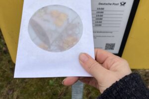 Ein Brief mit rundem Sichtfenster und erkennbaren Pflanzenteilen wird in einen Briefgasten gesteckt.