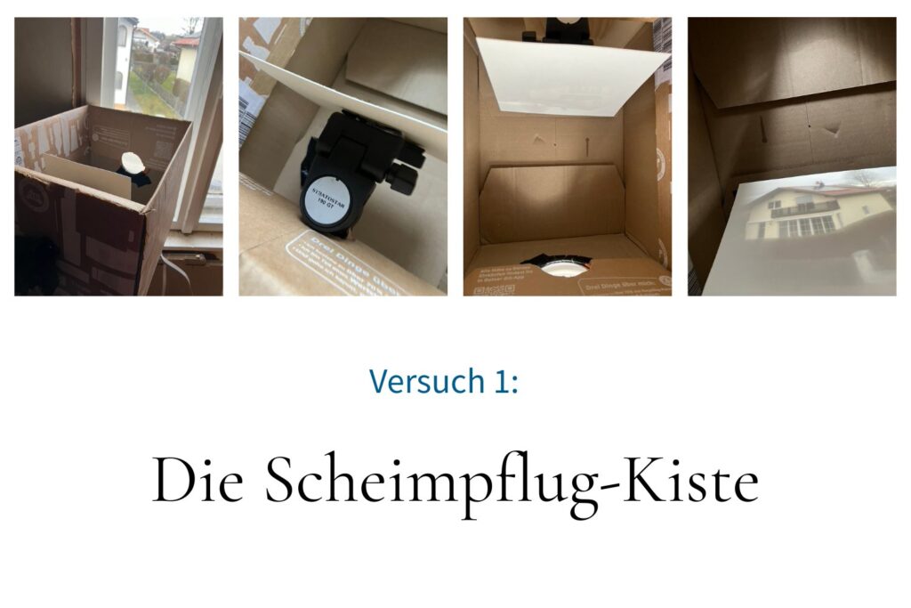 Die Scheimpflug-Kiste (Bilder einer großen Pappschachtel mit Objektiv, und einem Stativkopf im Inneren, der es ermöglicht, die Projektionsfläche zu kippen)