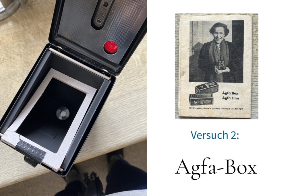 Altes Werbefoto für Agfa Box, und eine geöffente Agfa Box Kamera mit schrägem Kartonrahmen