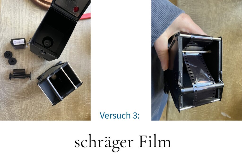 EIne geöffnete Agfa-Box Kamera mit Kleinbildfilm, Adapterstücken und Mittelformatspule. Ein weiteres Bild mit eingelegtem Film, der durch Umlenkrollen schräg geführt wird. Text: Versuch 3: schräger Film